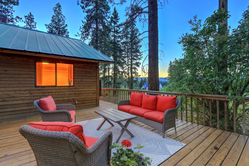 Beautiful outdoor patio of a vacation mountain cabin